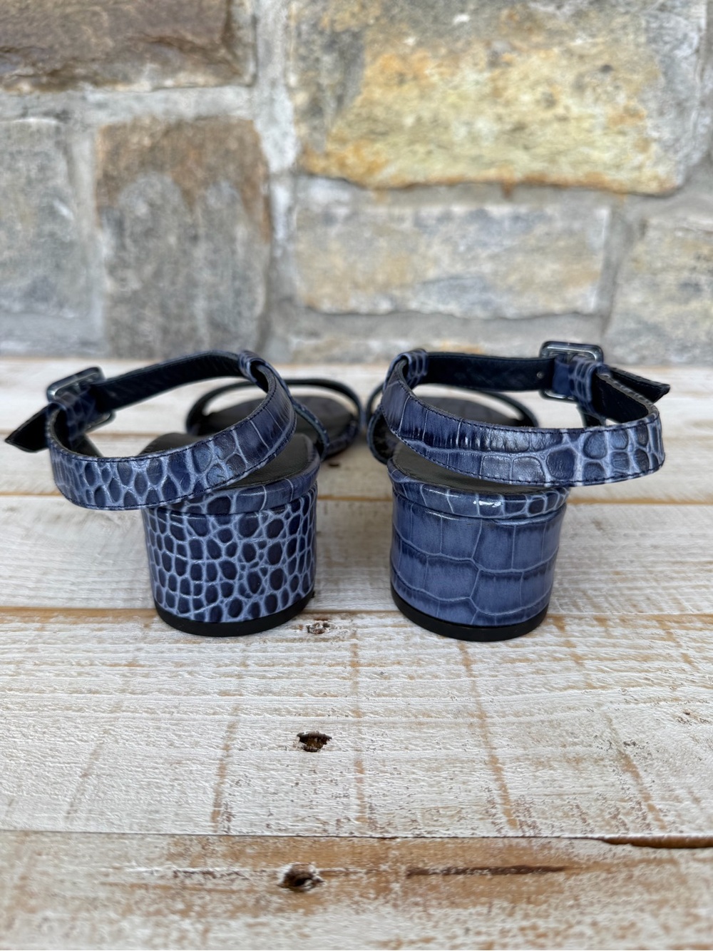 Maryam Nassir Zadeh Navy Croc-Embossed Low Block Heel Sandals - Picture 3 of 7